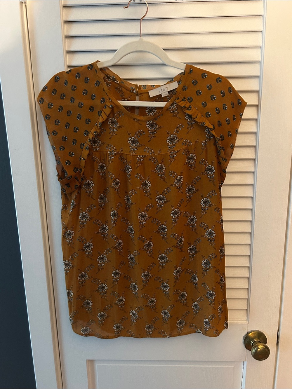 LOFT Mustard Floral Keyhole Cap-Sleeve Blouse